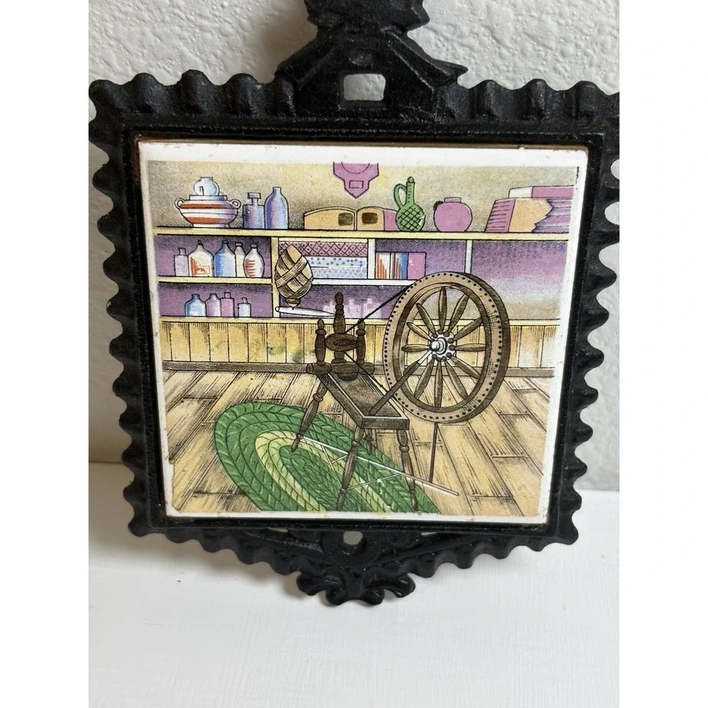 Vintage Japan Cast Iron Rooster Trivet Wall Plaque Ceramic Tile Spinning Wheel
